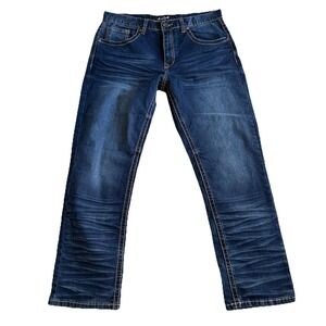 True Luck Jeans Men 34x30 Blue Dark Wash Straight Leg Stretch Whiskers Topstitch